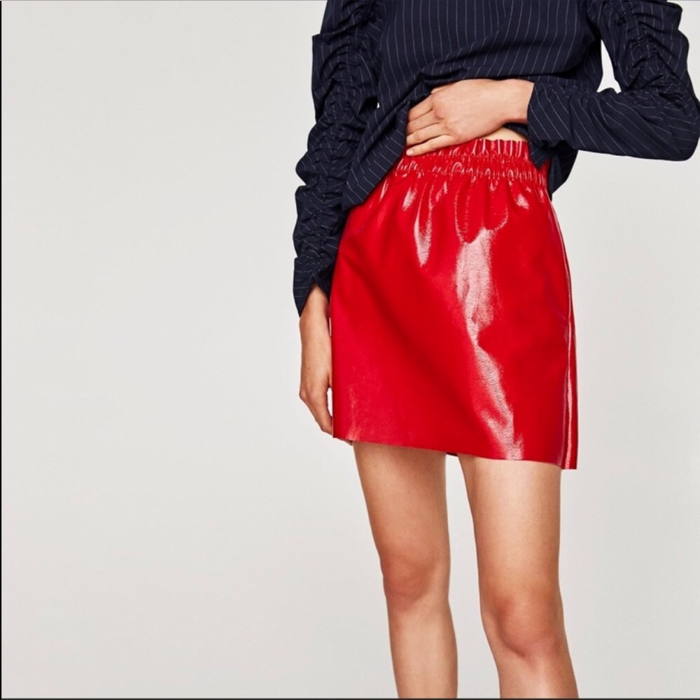 Zara lacquered look cherry red skirt with pockets